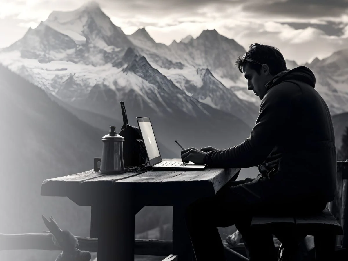 a person is using laptop on mountain